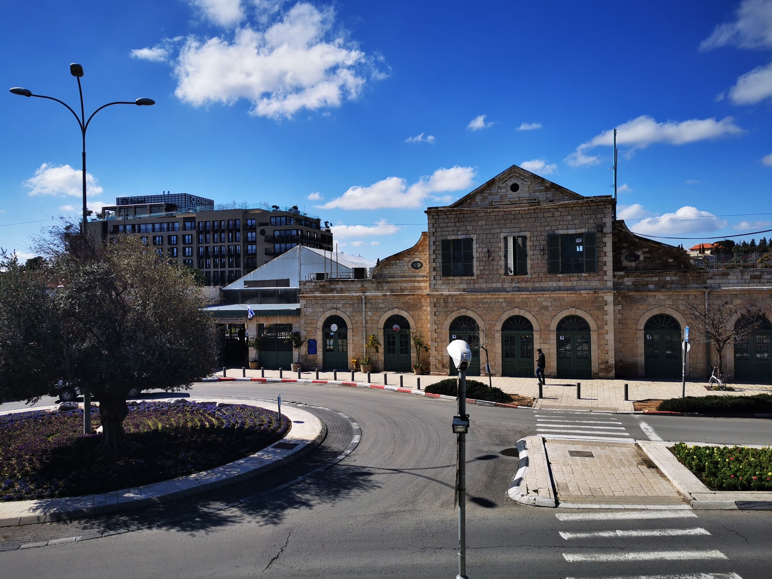 The First Station, Jerusalem's restored Ottoman-era railway station, under a blue sky