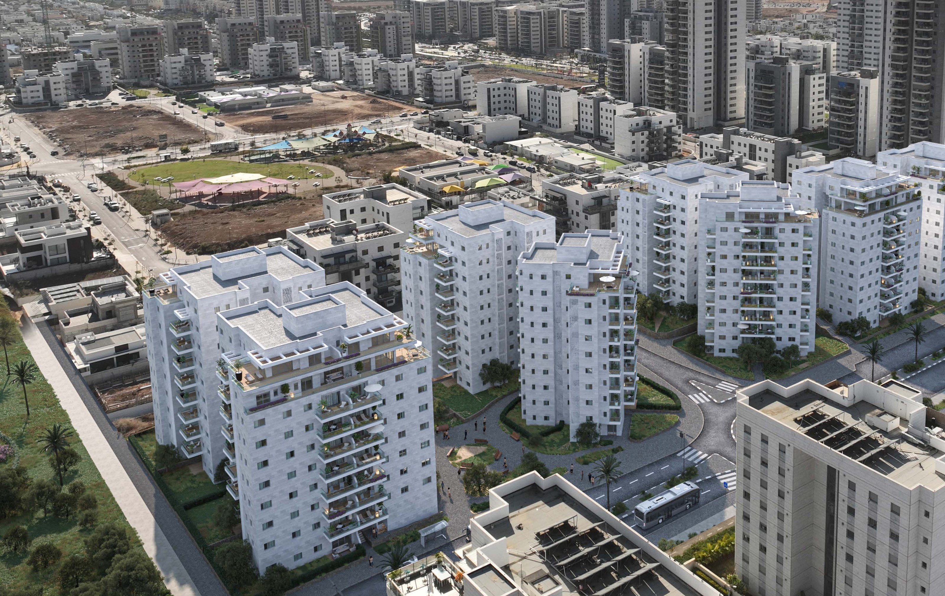 Aerial render of SADOT Carmei Gat among the new buildings of the neighbourhood