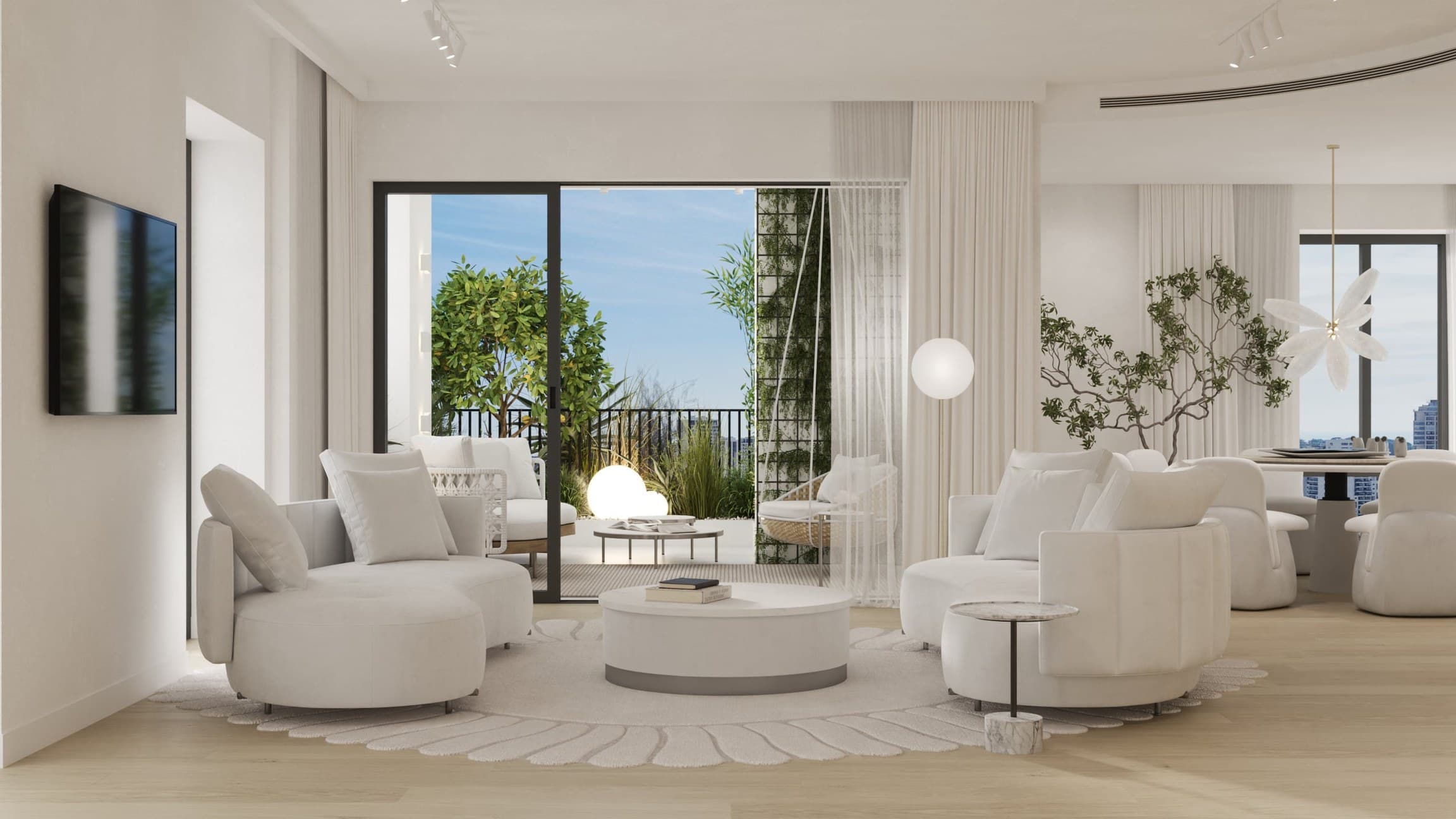 Render of a living room with a city view