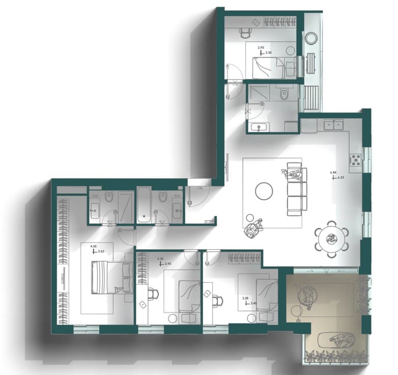 Floor plan, 5-room apartment