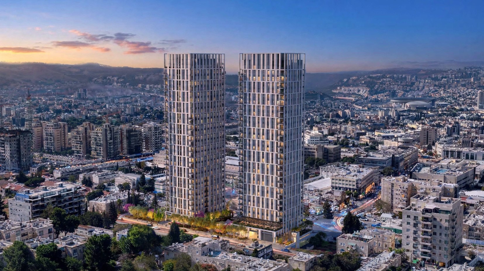 Render of the two Shalom Yehuda towers over Arnona at dusk