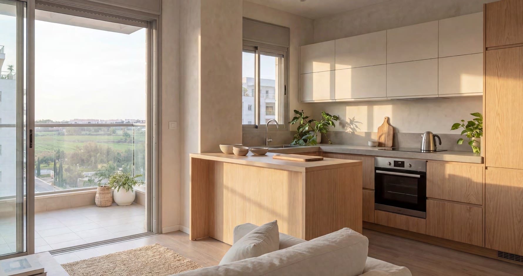 Render of a kitchen and living area