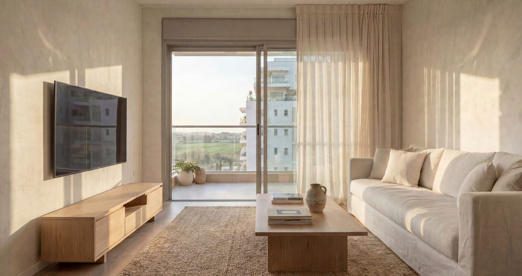 Render of a living room opening to a balcony
