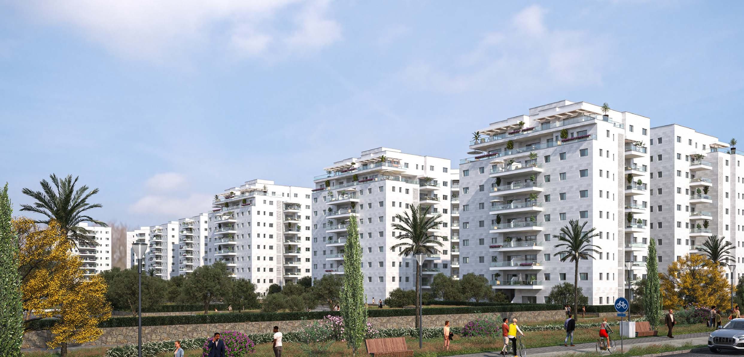 Render of the buildings with gardens and paths at ground level